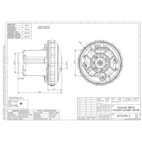 Двигун Domel 467.3.404-2 для пилососа Zelmer, Bosch, 1450 Вт, D131 мм, H128 мм