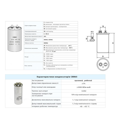 Конденсатор CBB65  30+1.5 мкФ, 440 В, Whicepart (металлический корпус, клеммы)